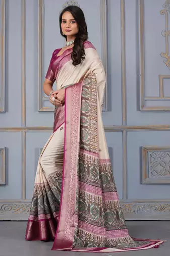 Wine soft silk crape kalamakri prints with zari pattu woven border with blouse