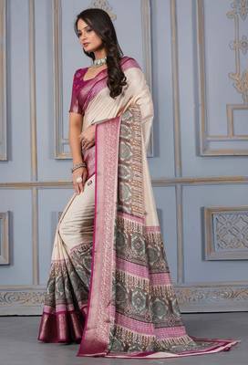 Wine soft silk crape kalamakri prints with zari pattu woven border with blouse 3