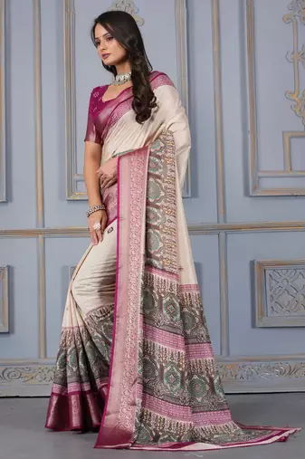 Wine soft silk crape kalamakri prints with zari pattu woven border with blouse