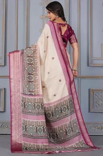 Wine soft silk crape kalamakri prints with zari pattu woven border with blouse