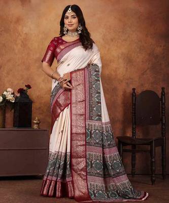 Maroon soft silk crape kalamakri prints with zari pattu woven border with blouse 1
