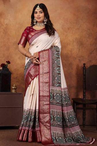 Maroon soft silk crape kalamakri prints with zari pattu woven border with blouse