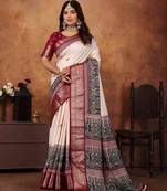 Maroon soft silk crape kalamakri prints with zari pattu woven border with blouse