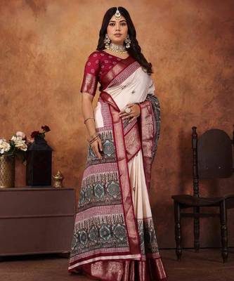 Maroon soft silk crape kalamakri prints with zari pattu woven border with blouse 2