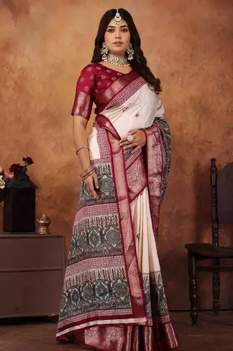 Maroon soft silk crape kalamakri prints with zari pattu woven border with blouse