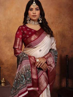 Maroon soft silk crape kalamakri prints with zari pattu woven border with blouse 3