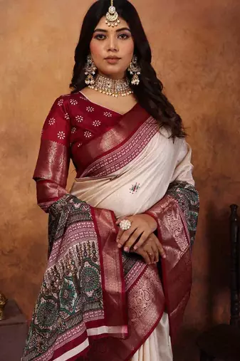 Maroon soft silk crape kalamakri prints with zari pattu woven border with blouse