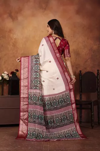 Maroon soft silk crape kalamakri prints with zari pattu woven border with blouse