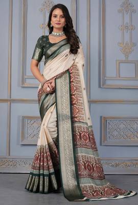 Green soft silk crape kalamakri prints with zari pattu woven border with blouse 1