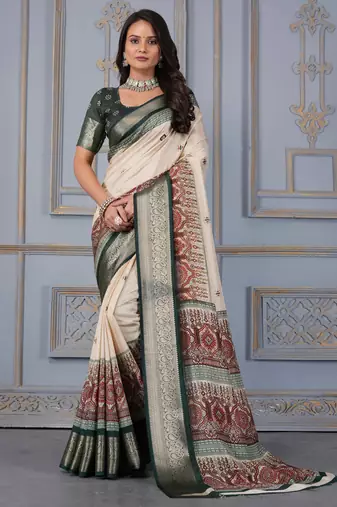 Green soft silk crape kalamakri prints with zari pattu woven border with blouse