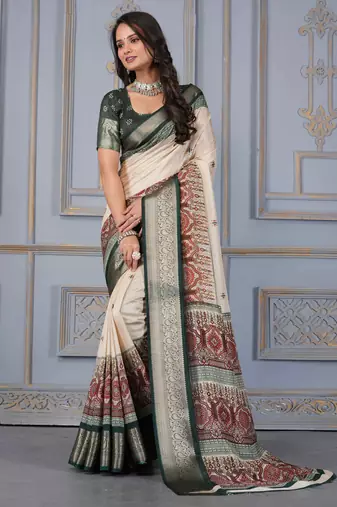 Green soft silk crape kalamakri prints with zari pattu woven border with blouse