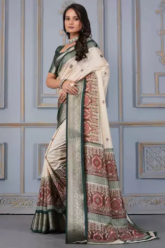 Green soft silk crape kalamakri prints with zari pattu woven border with blouse
