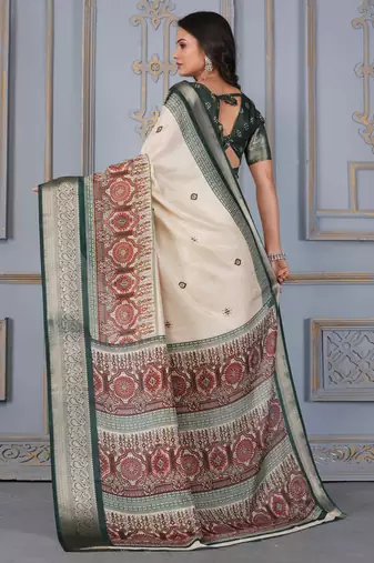 Green soft silk crape kalamakri prints with zari pattu woven border with blouse