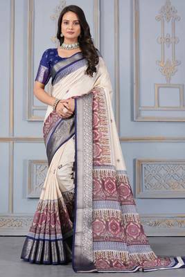 Blue soft silk crape kalamakri prints with zari pattu woven border with blouse 1