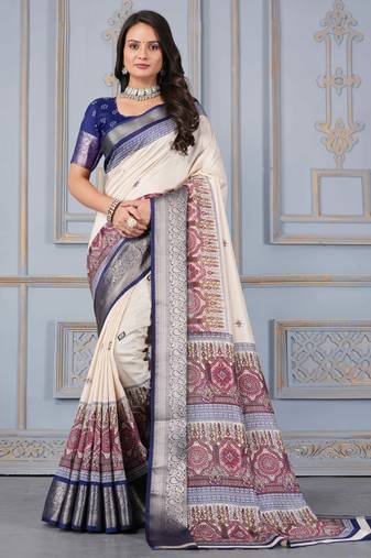 Blue soft silk crape kalamakri prints with zari pattu woven border with blouse