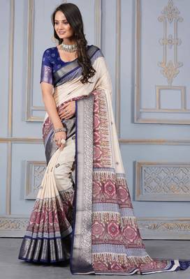 Blue soft silk crape kalamakri prints with zari pattu woven border with blouse 2