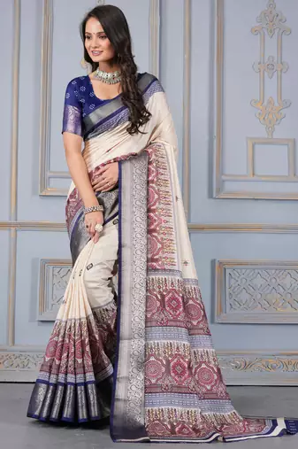 Blue soft silk crape kalamakri prints with zari pattu woven border with blouse