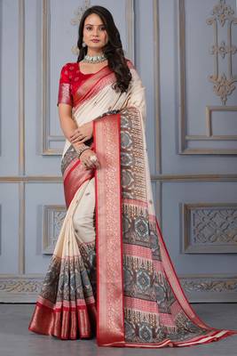 Red soft silk crape kalamakri prints with zari pattu woven border with blouse 1