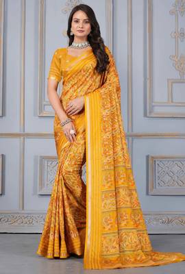 Yellow soft cotton crape floral prints with thread woven border with blouse 1
