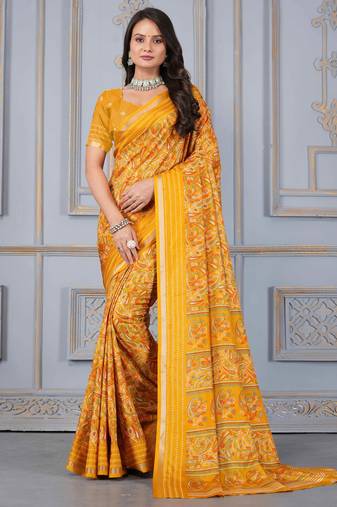 Yellow soft cotton crape floral prints with thread woven border with blouse
