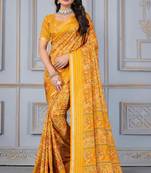 Yellow soft cotton crape floral prints with thread woven border with blouse