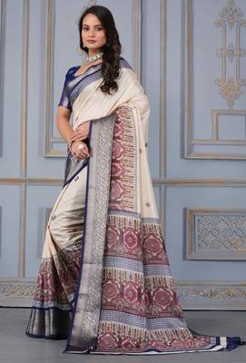 Blue soft silk crape kalamakri prints with zari pattu woven border with blouse 3
