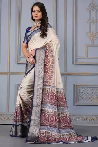 Blue soft silk crape kalamakri prints with zari pattu woven border with blouse