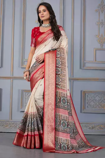 Red soft silk crape kalamakri prints with zari pattu woven border with blouse