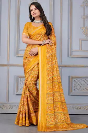 Yellow soft cotton crape floral prints with thread woven border with blouse