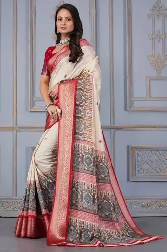 Red soft silk crape kalamakri prints with zari pattu woven border with blouse