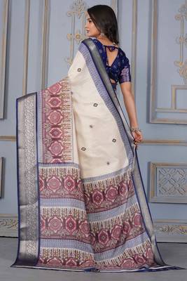 Blue soft silk crape kalamakri prints with zari pattu woven border with blouse 4