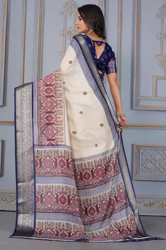 Blue soft silk crape kalamakri prints with zari pattu woven border with blouse