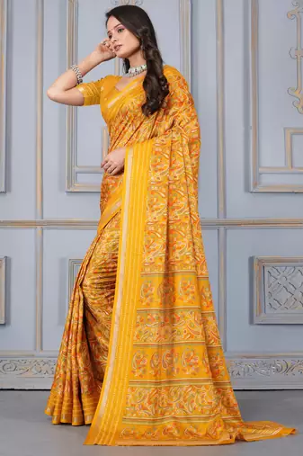 Yellow soft cotton crape floral prints with thread woven border with blouse