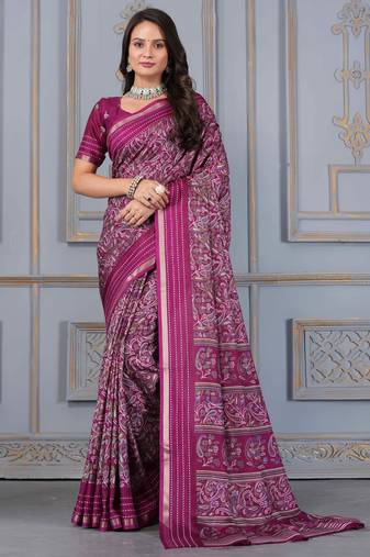 Wine soft cotton crape floral prints with thread woven border with blouse