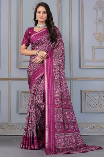 Wine soft cotton crape floral prints with thread woven border with blouse