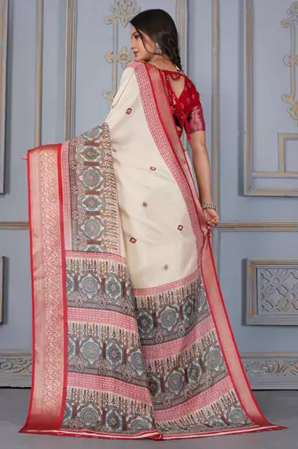 Red soft silk crape kalamakri prints with zari pattu woven border with blouse