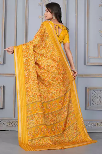 Yellow soft cotton crape floral prints with thread woven border with blouse