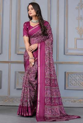 Wine soft cotton crape floral prints with thread woven border with blouse 2