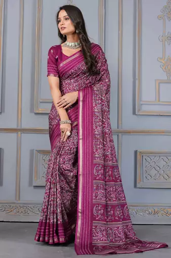 Wine soft cotton crape floral prints with thread woven border with blouse