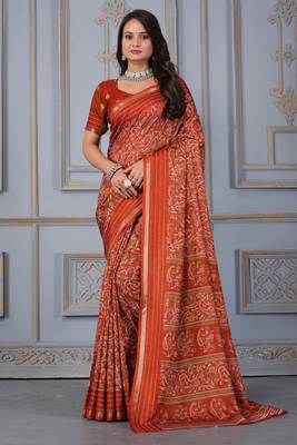 Rust soft cotton crape floral prints with thread woven border with blouse 1