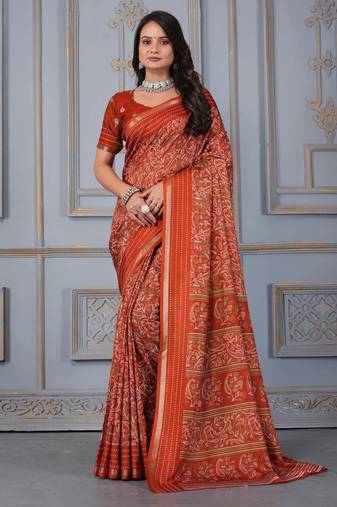 Rust soft cotton crape floral prints with thread woven border with blouse