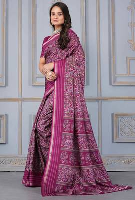 Wine soft cotton crape floral prints with thread woven border with blouse 3