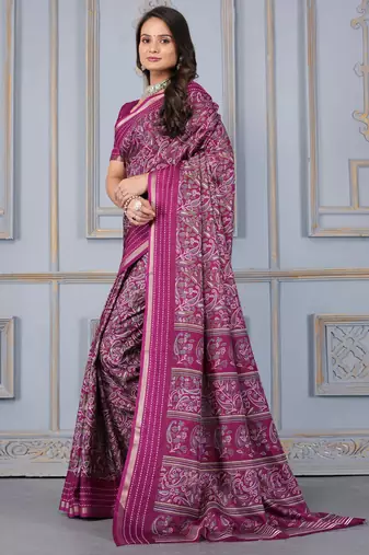 Wine soft cotton crape floral prints with thread woven border with blouse