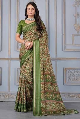 Green soft cotton crape floral prints with thread woven border with blouse 1