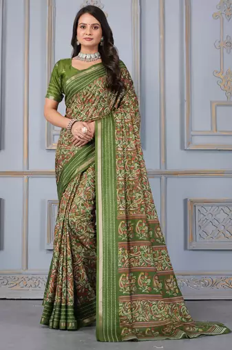 Green soft cotton crape floral prints with thread woven border with blouse