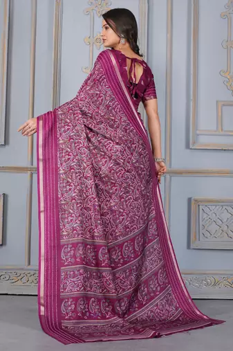 Wine soft cotton crape floral prints with thread woven border with blouse
