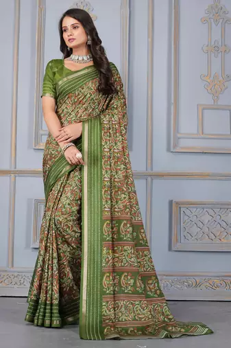Green soft cotton crape floral prints with thread woven border with blouse