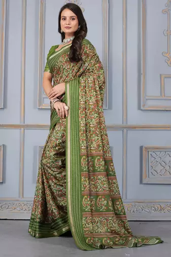Green soft cotton crape floral prints with thread woven border with blouse