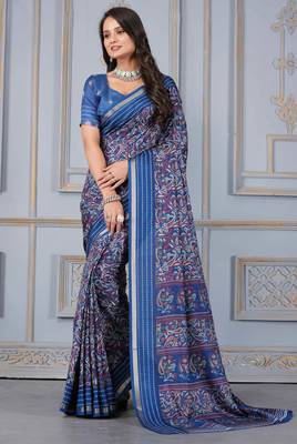 Blue soft cotton crape floral prints with thread woven border with blouse 1