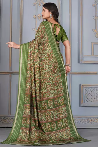 Green soft cotton crape floral prints with thread woven border with blouse